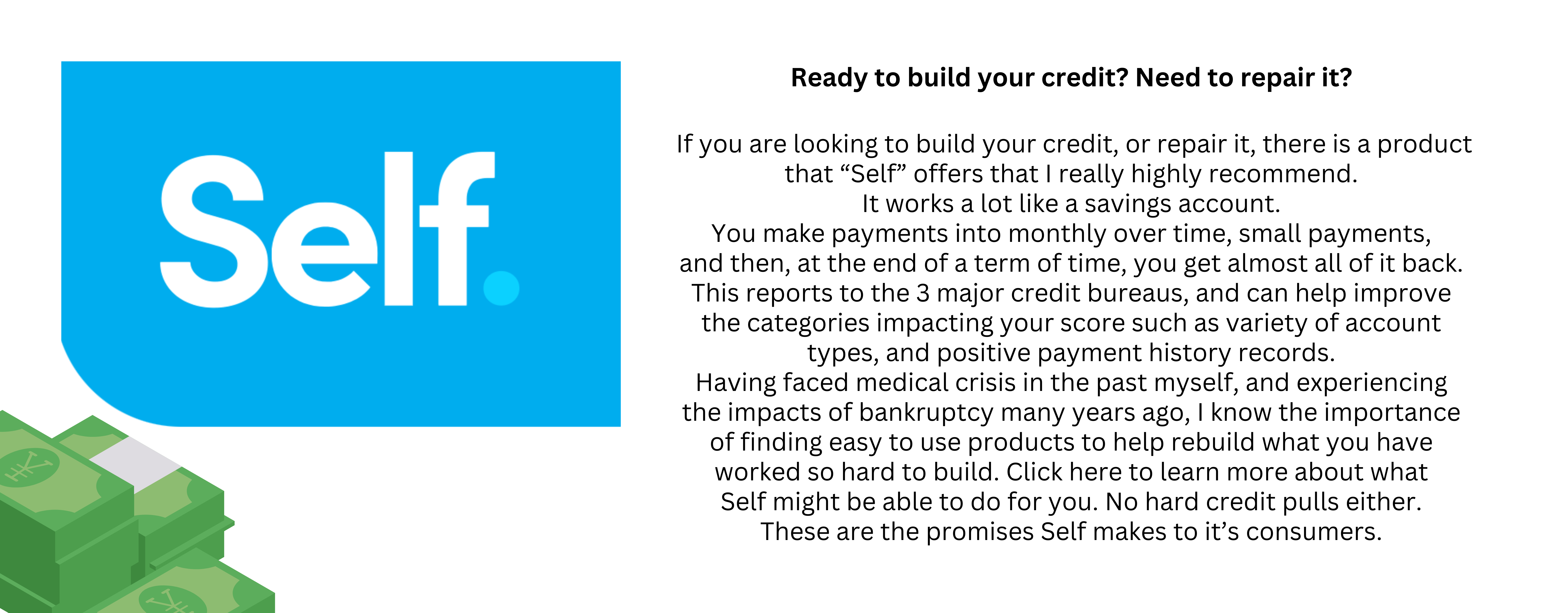 About the image that should display here: Credit Repair Products that are easy to use to either build your credit or repair your credit. Info provided by Amber Nestor. Company SELF.